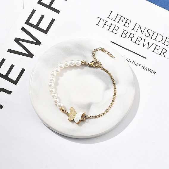 304 браслеты из нержавеющей стали с панцирными цепями для женщин, с подвесками в виде бабочек и пластиковой жемчужиной, ионное покрытие (ip) покрытый