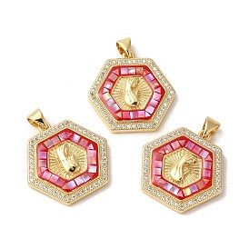 Brass Micro Pave Cubic Zirconia Pendants, with Enamel & Shell, Long-Lasting Plated, Lead Free & Cadmium Free, Real 18K Gold Plated, Hexagon with Virgin Face