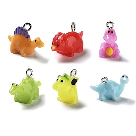 Opaque Resin Pendants, Dinosaur Charms with Platinum Plated Iron Loops