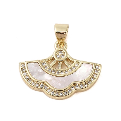 Brass Micro Pave Cubic Zirconia Pendants, with Shell, Cadmium Free & Lead Free, Leaf