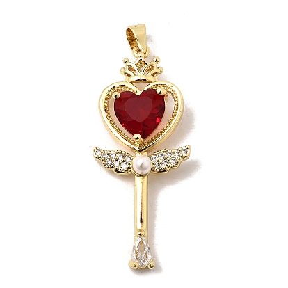 Латунные микро проложить кубического циркония подвески, с имитацией жемчуга ABS и стеклом, талисманы в виде волшебной палочки в форме сердца, долговечный, без кадмия и без свинца, стойки покрытие