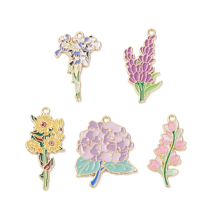 Light Gold Plated Alloy Enamel Pendants, Flowers