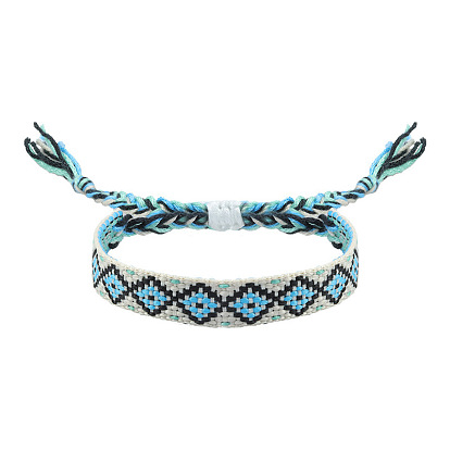 Rhombus Polyester Braided Cord Bracelet, Ethnic Tribal Adjustable Bohemia Bracelet