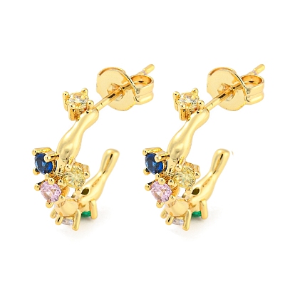 Colorful Cubic Zirconia Heart Stud Earrings, Rack Plating Brass Half Hoop Earrings, Long-Lasting Plated, Cadmium Free & Lead Free