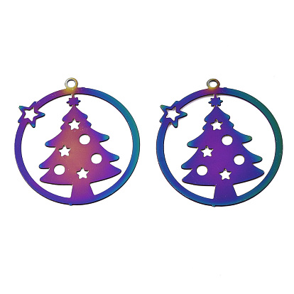 Christmas Ion Plating(IP) 201 Stainless Steel Filigree Pendants, Etched Metal Embellishments, Ring with Christmas Trees