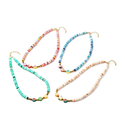 Collar hecho a mano con cuentas de arcilla polimérica de frutas y discos para mujeres adolescentes, dorado