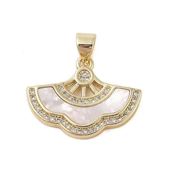 Brass Micro Pave Cubic Zirconia Pendants, with Shell, Cadmium Free & Lead Free, Leaf