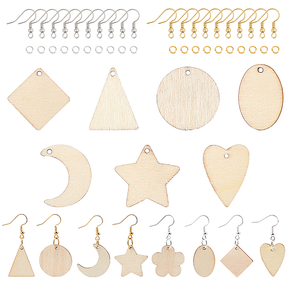 DIY Wood Dangle Earring Making Kits, Including 112Pcs Star & Geometry Wood Pendants, Brass Earring Hooks & Jump Rings