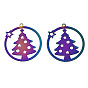 Christmas Ion Plating(IP) 201 Stainless Steel Filigree Pendants, Etched Metal Embellishments, Ring with Christmas Trees