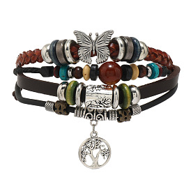 Butterfly Cat Eye and Peace Tree Leaf Multilayer Ethnic Retro Leather Bracelet - European and American Jewelry.