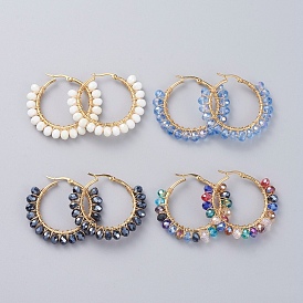 Electroplate Glass Faceted Rondelle Hoop Earrings, with 304 Stainless Steel Earring Hoops
