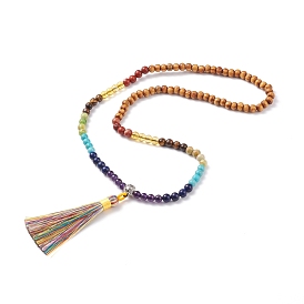 Mala Beads Necklace, Mixed Gemstone & Wood Beaded 7 Chakra Necklace with Big Tassel Pendant for Women