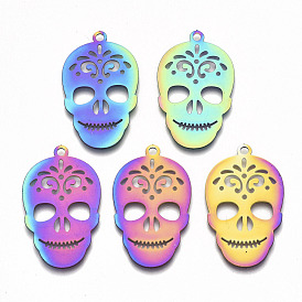 Ion Plating(IP) 201 Stainless Steel Pendants, Etched Metal Embellishments, Sugar Skull, For Mexico Holiday Day of The Dead