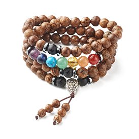 Natural Wood Stackable Beads Bracelets for Men Woman, 4 Layer Wrap Bracelets, with Synthetic & Natural Gemstone Beads