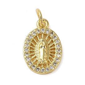 Rack Plating Brass Micro Pave Cubic Zirconia Pendants, Cadmium Free & Lead Free, Long-Lasting Plated, Oval with Holy Virgin