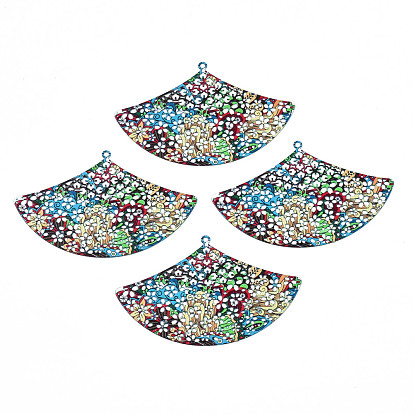 430 Stainless Steel Big Pendants, Spray Painted, Etched Metal Embellishments, Fan with Plant Pattern