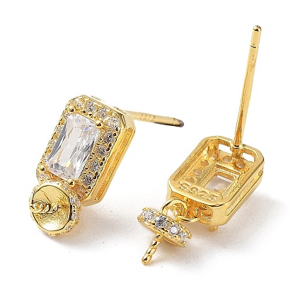 925 Sterling Silver with Clear Cubic Zirconia Stud Earring Findings, for Half Drilled Pearl Beads, with S925 Stamp, Rectangle