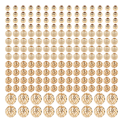 240Pcs 4 Style Long-Lasting Plated Brass Beads, Textured Beads, Round