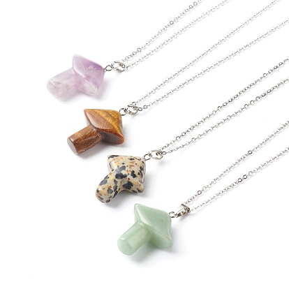 Natural Mixed Gemstone Pendant Necklaces, with 304 Stainless Steel Cable Chains, Mushroom