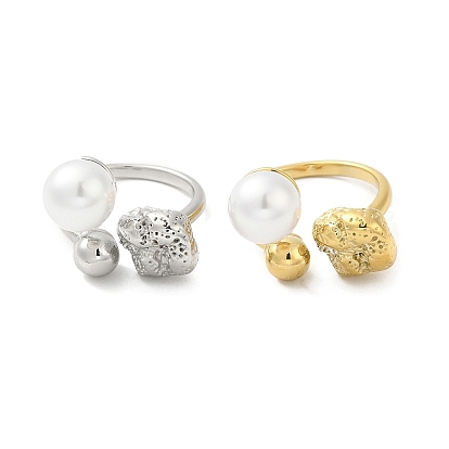 304 Stainless Steel Round Ball Open Cuff Ring with ABS Plastic Imitation Pearl