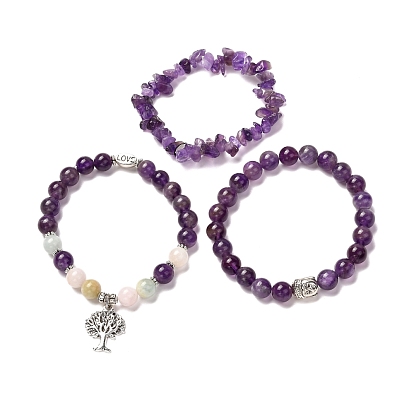 Ensemble de bracelets extensibles en améthyste naturelle et morganite pour hommes femmes, bracelets d'amour tête de bouddha de style tibétain et arbre de vie