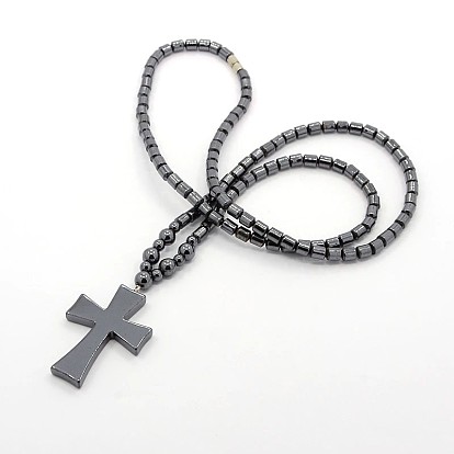 Trendy Unisex Holly Jewelry Grade A Non-Magnetic Synthetic Hematite Beaded Cross Pendant Necklaces, with Alloy Screw Clasps, 24.6 inch 