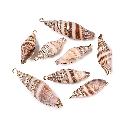 Electroplated Golden Brass Trim Natural Spiral Shell Pendants, Conch Charms
