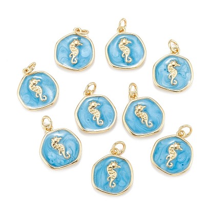 Brass Enamel Pendants, with Jump Rings, Long-Lasting Plated, Flat Round with Sea Horse, Deep Sky Blue