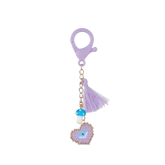 Heart Handmade Loom Pattern Seed Beads Pendant Decorations, with Lampwork Mushroom and Tassel Charms, Lobster Claw Clasp