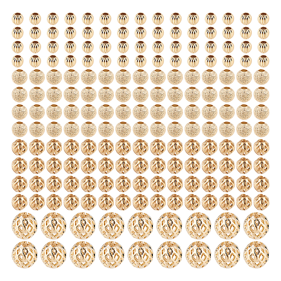240Pcs 4 Style Long-Lasting Plated Brass Beads, Textured Beads, Round