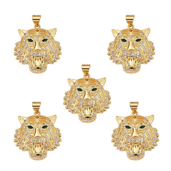 5Pcs Brass Micro Pave Clear & Green Cubic Zirconia Pendants, Nickel Free, Tiger
