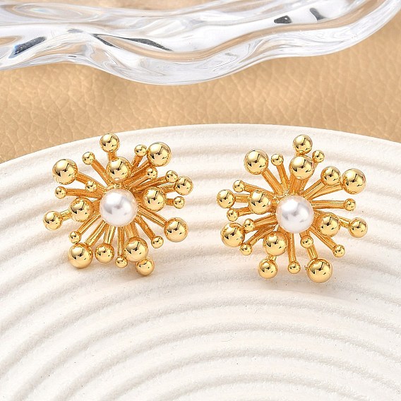 Серьги-гвоздики в виде цветка из латуни, с абс пластмассовой имитационной жемчужиной, без никеля 