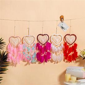 Feather Heart Woven Net/Web with Beaded Wind Chimes, for Home Party Festival Decor