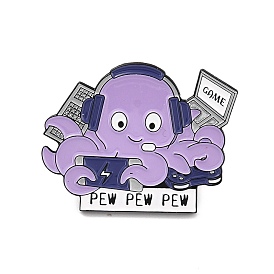 Game Pew Pew Pew Word Enamel Pin, Octopus Play Computer Alloy Enamel Brooch for Backpack Clothes, Electrophoresis Black