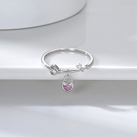 Rhodium Plated 925 Sterling Silver Finger Ring with Cubic Zirconia Heart Pad Charms, with S925 Stamp