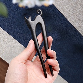 Chinese Style Cat Blackwood Hair Forks, U Shaped Hairpin, for Women Girls