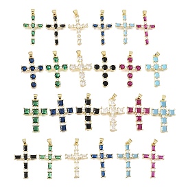 Brass Pave Cubic Zirconia Pendants, Cross Charms, Long-Lasting Plated, Cadmium Free & Lead Free, Real 18K Gold Plated