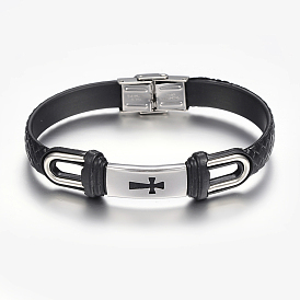 Cuir PU bracelets de corde tressés, avec 304 accessoire en acier inoxydable, rectangle avec la croix