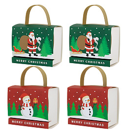 Рождественские прямоугольные бумажные коробки для конфет с принтом, коробки для конфет с ручкой, коробки шоколадные рождественские подарки для гостей