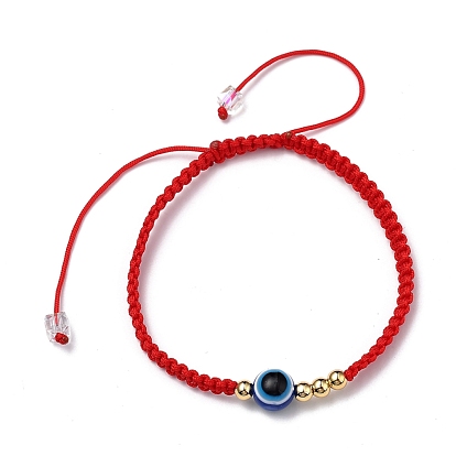 Adjustable Nylon Thread Braided Bead Bracelets, with Evil Eye Resin Beads, Glass Beads and Brass Beads
