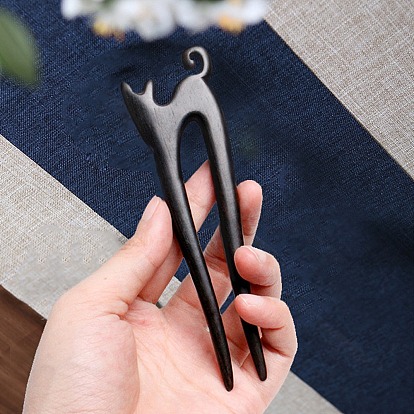Chinese Style Cat Blackwood Hair Forks, U Shaped Hairpin, for Women Girls