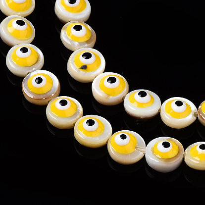 Natural Freshwater Shell Beads Strands, with Enamel, Flat Round with Evil Eye