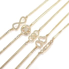 Brass Micro Pave Clear Cubic Zirconia Link Bracelets, with 304 Stainless Steel Cable Chains, Mixed Shapes
