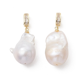 Подвески из натурального барочного жемчуга кеши, Подвески в виде самородков с латунными креплениями, инкрустированными прозрачными кубическими циркониями., белые