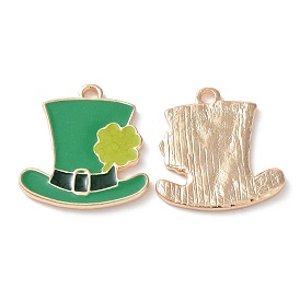 Alloy Pendants, with Enamel, Light Gold, Hat with Clover Charms, for Saint Patrick's Day