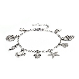 Brass Charm Anklets, with Alloy Charms and Stainless Steel Findings, Ocean Theme