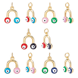 NBEADS 10Pcs 5 Colors Brass Enamel Pendants, Long-Lasting Plated, Real 18K Gold Plated, with Jump Rings, Flat Round with Evil Eye