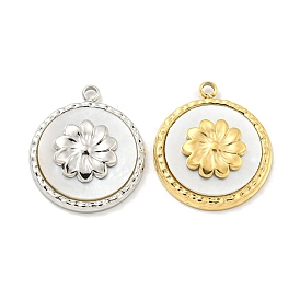 304 Stainless Steel Pendants, with Pave Shell, Flat Round with Flower Charm