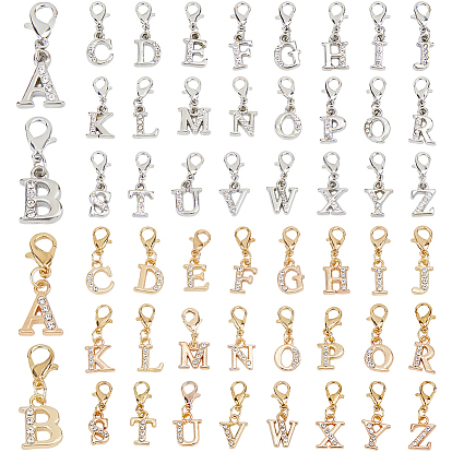 52piezas 2colores aleación rhinestone colgante decoraciones, con cierre de langosta, letra a Z ~