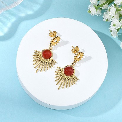 Natural Carnelian Sunburst Dangle Earrings for Women, 304 Stainless Steel Stud Earrings for Women